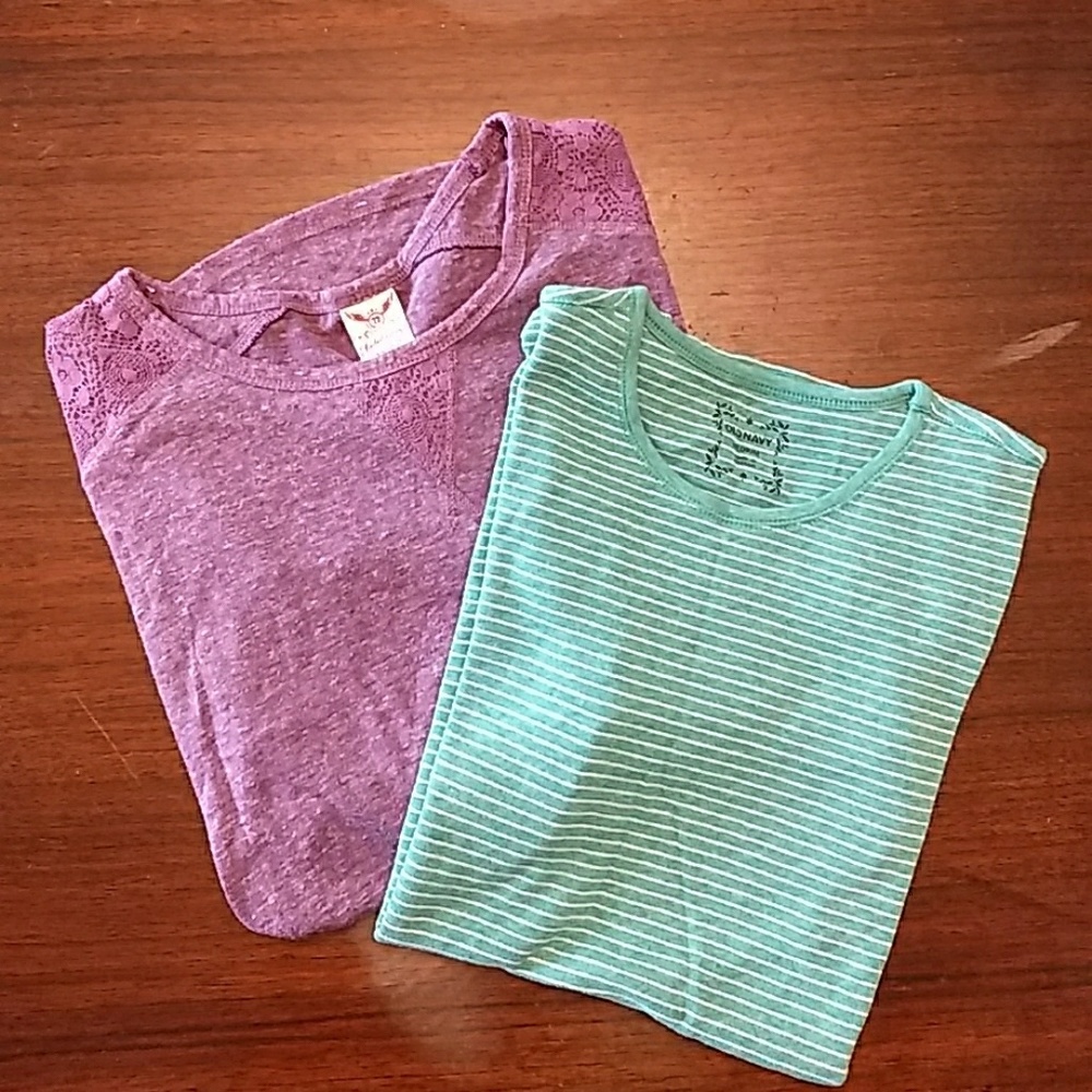 Lot of 2 Shirts: Green Striped & Purple 3/4-Sleeve